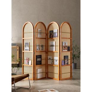 实木藤屏风隔断墙覆古文学杂志书架阻挡小公寓客厅入口简易座椅屏