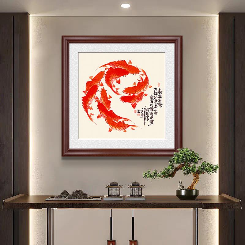 九鱼图装饰画 画玄关挂画 画客厅中式正方形饭厅鲤鱼图背景墙办公图片