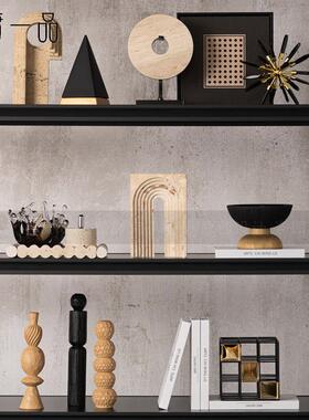 侘寂风黑金黄洞石艺术品摆件客厅酒柜现代样板间开放格高级感软装