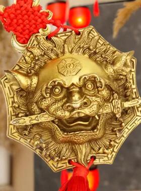 铜狮咬剑挂件 铜狮子挂件 虎头牌兽头 铜八角狮头摆件 铜睚眦摆件