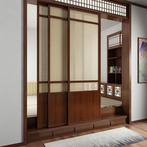 折叠门藤编拉门移门民宿木门顶藤编柜门藤编门定制拉门日式