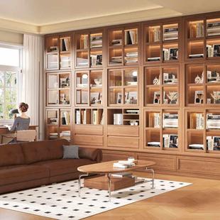 实木书柜带卡座一体整墙到顶玻璃防尘去客厅化满墙储物柜收纳书架