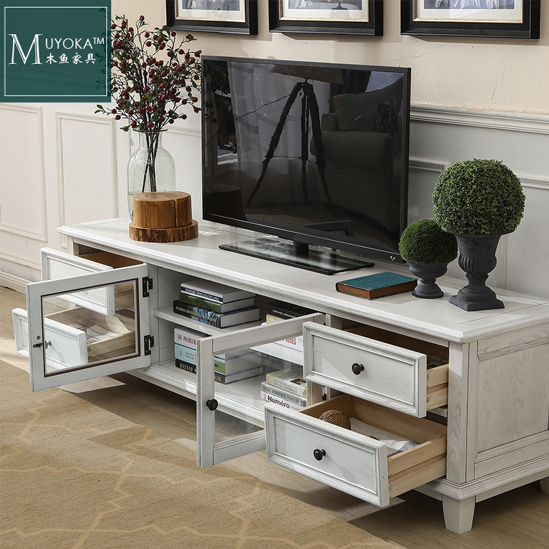 美式实木电视柜地柜白蜡木纯实木白色茶几电视柜组合客厅家具简约
