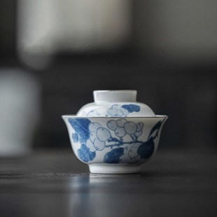 复古青花釉下手绘枇杷盖碗功夫茶具鎏银手工陶瓷仿烫泡茶碗薄胎
