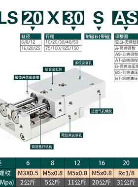 亚德客型HLS带导轨滑台气缸HLS6/8/12/16/20/25X10X30X40X50X75SA