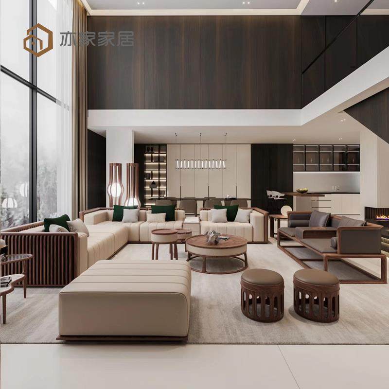 新中式黑胡桃木真皮沙发组合现代简约大户型别墅客厅高端家俱定制
