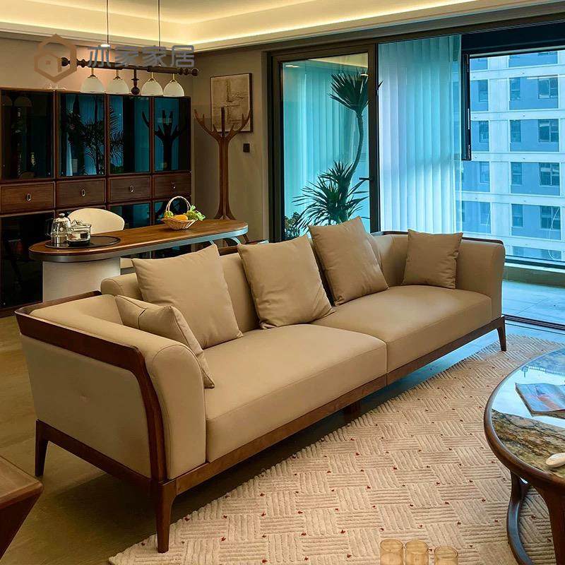 新中式实木沙发组合黑胡桃木真皮客厅别墅三人位直排沙发现代简约