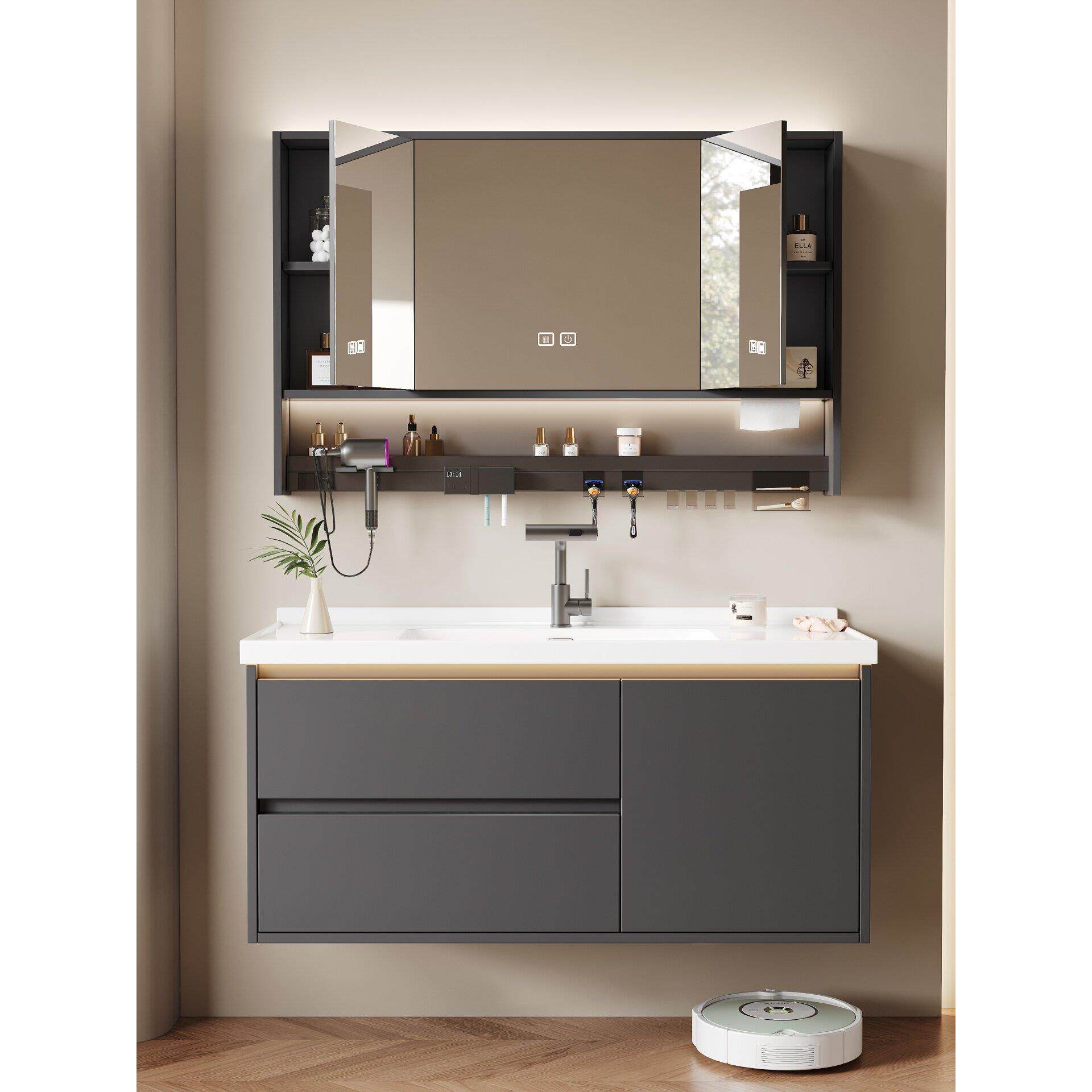 浴室柜隐藏式镜子卫生间智能风水镜柜陶瓷一体洗手盆柜组合洗漱台