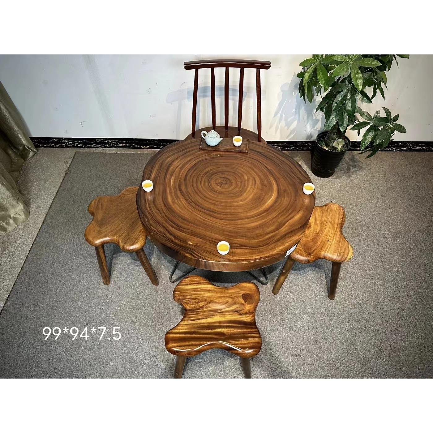 南美胡桃木实木大板小茶桌雨木圆盘原木圆桌茶台家用客厅阳台餐桌