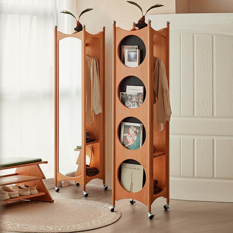 中古风实木旋转衣帽架全身镜柜杂志架移动卧室挂衣架樱桃木高级感