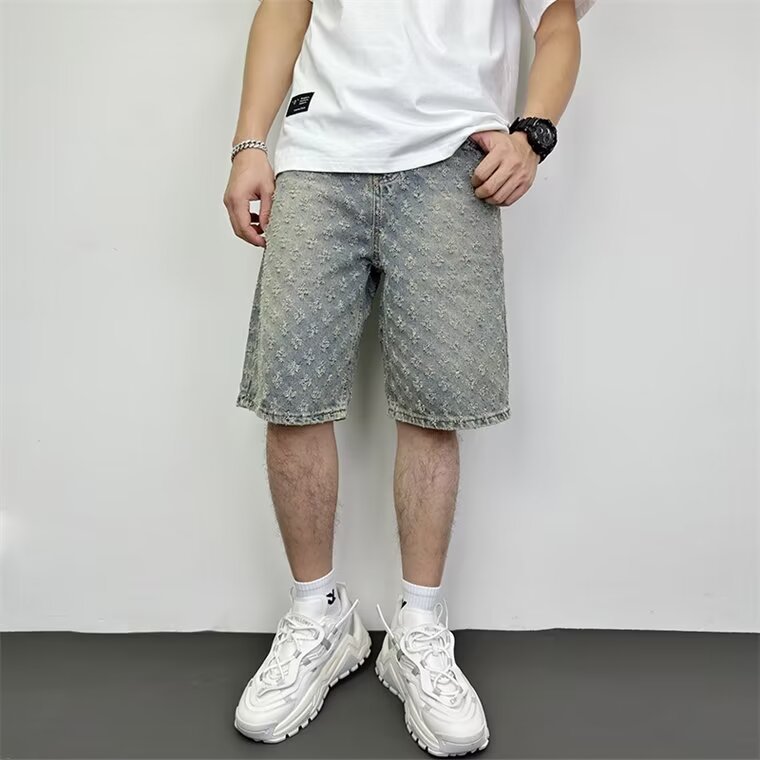 牛仔短裤男夏季男生工装裤子宽松直筒中裤松紧腰美式高街潮流短裤