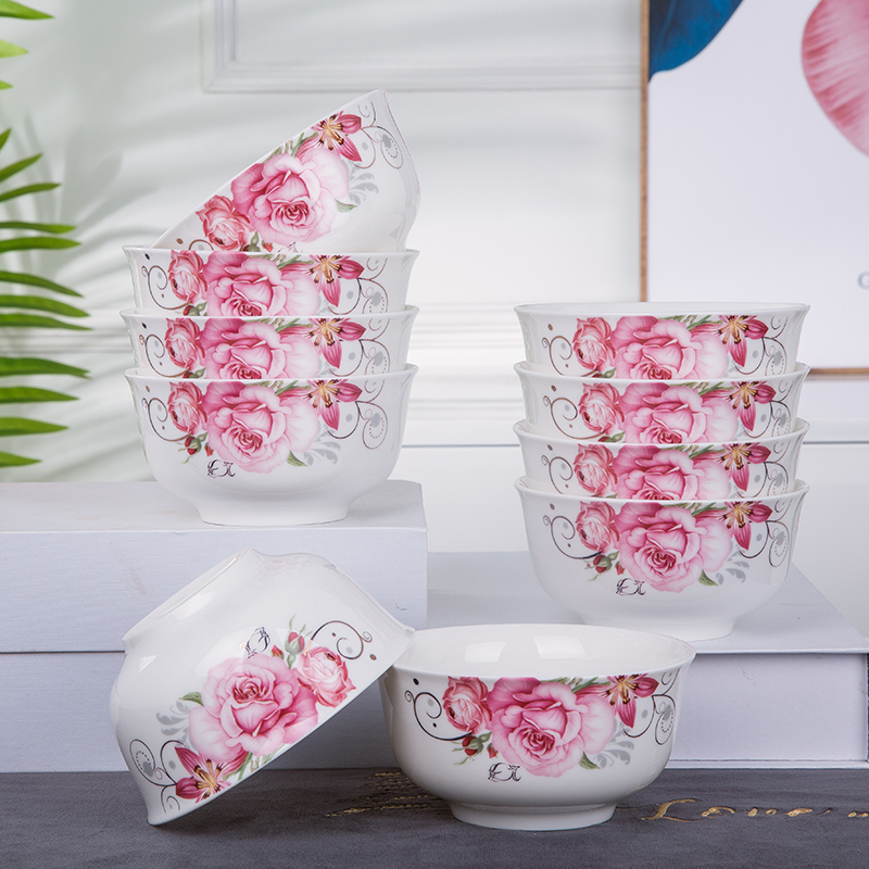 5寸吃饭碗家用10只陶瓷小碗套装五寸金边碗小号韩式米饭碗5英寸