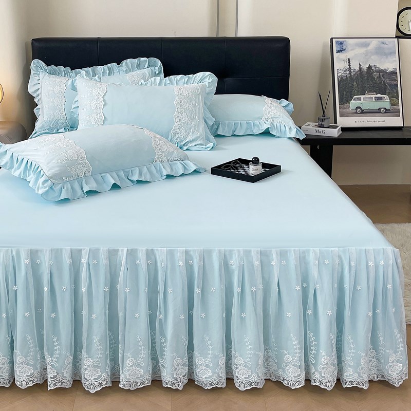 床裙三件套A类韩式花边床套床单纯色水洗棉床罩单件1.S5m床盖1.8m