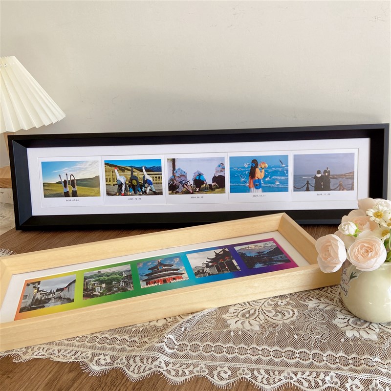 拍立得相框宽幅5寸SQ方4寸mini3寸彩虹相纸装裱框实木展示框摆挂