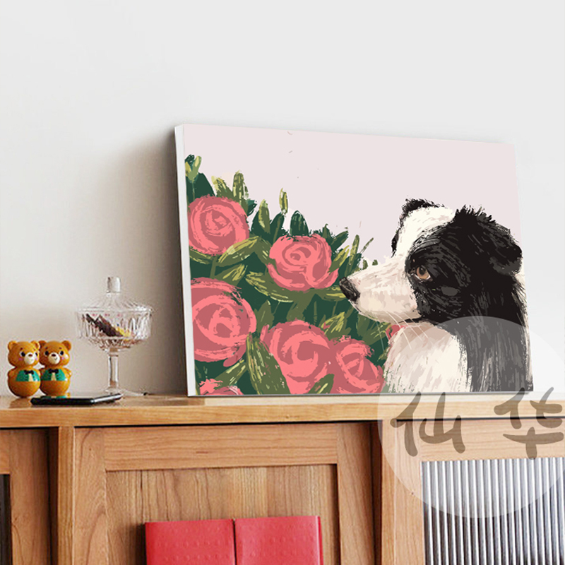 可爱狗狗玫瑰数字油彩画diyw手绘C填色画手工涂色定制动物装饰挂