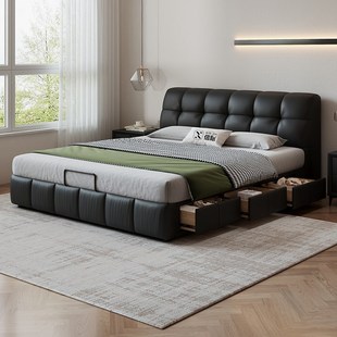 大树家居岛泡芙床复古奶油风主卧双人床意式极简中古风储物真皮床