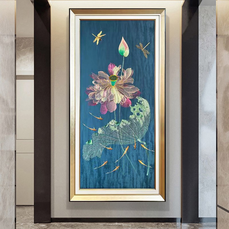 现代简约刺绣装饰画入户玄关织锦绣新中式鱼荷花过道尽头竖版挂画图片