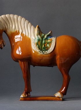 唐三彩马陶瓷马摆件亮釉勾头陶瓷器摆设件饰工艺品马到成功吉祥物