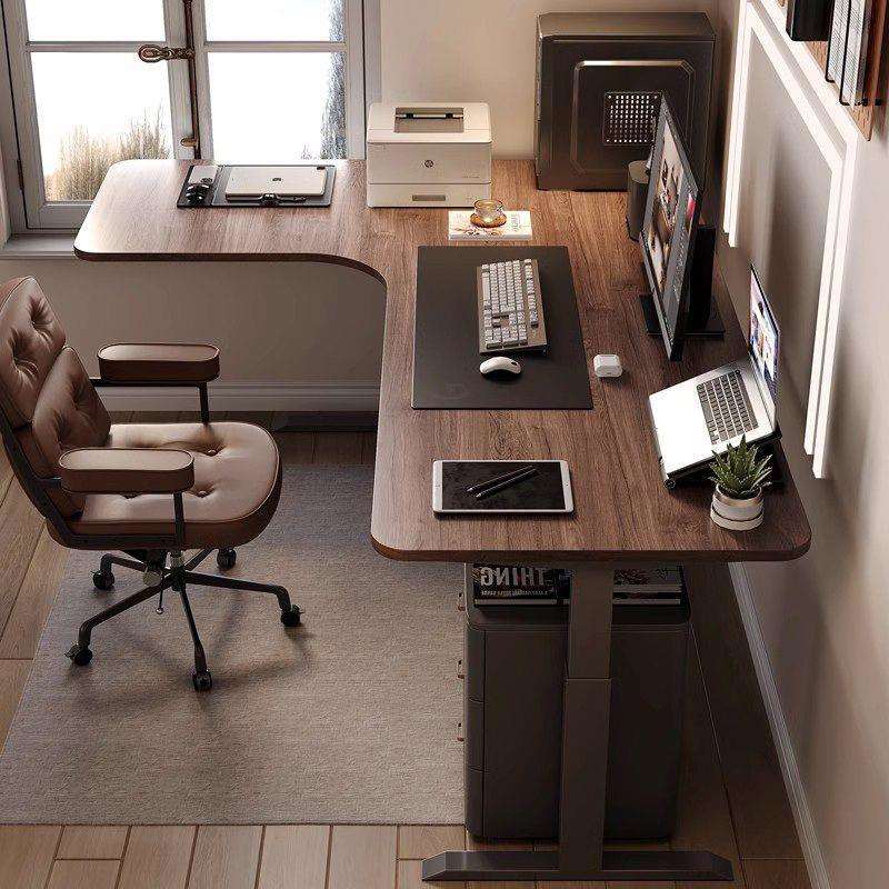 黑胡桃木转角书桌电动可升降型实木电脑桌现代简约转角电竞桌子