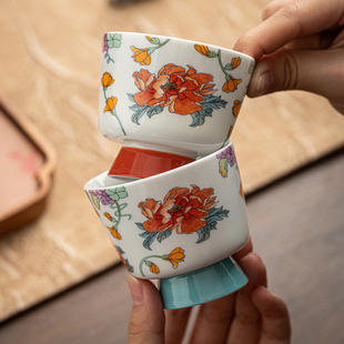 宏逐牡丹陶瓷茶杯主人杯单杯家用高档品茗杯女士个人专用高足茶杯