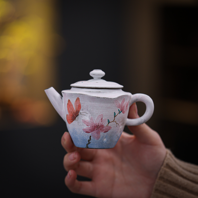宏逐粉引手绘玉兰花茶壶茶杯