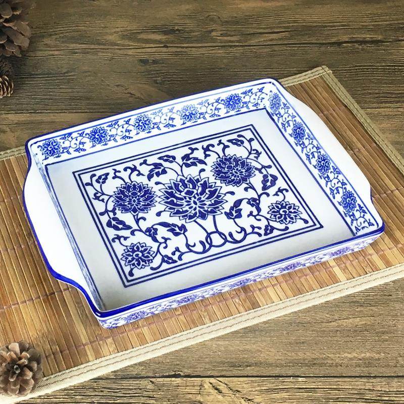 陶瓷托盘创意酒壶套装收纳盘长方形复古青花瓷家用茶具茶杯小托盘