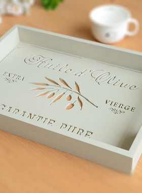 法式乡村复古米灰色木制托盘镂空树叶英文字母托盘酒盘餐盘