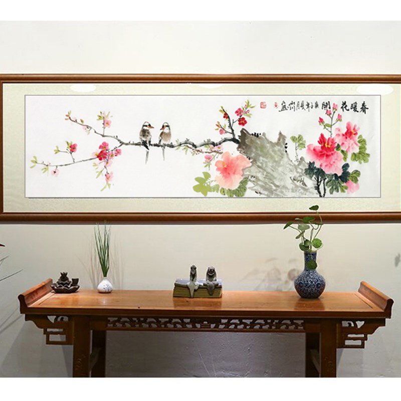 手绘真迹四尺对开水墨画国画卧室书房花鸟挂画装饰横幅牡丹桃花图图片