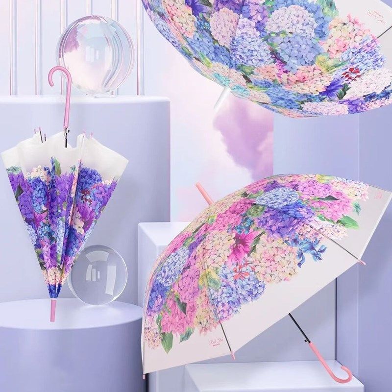 半自动雨伞女新款绣球花印花长柄伞弯柄轻量纤细磨纱女透明伞轻便,居家日用,伞,淘宝优惠券,粉丝福利购,淘宝优惠卷