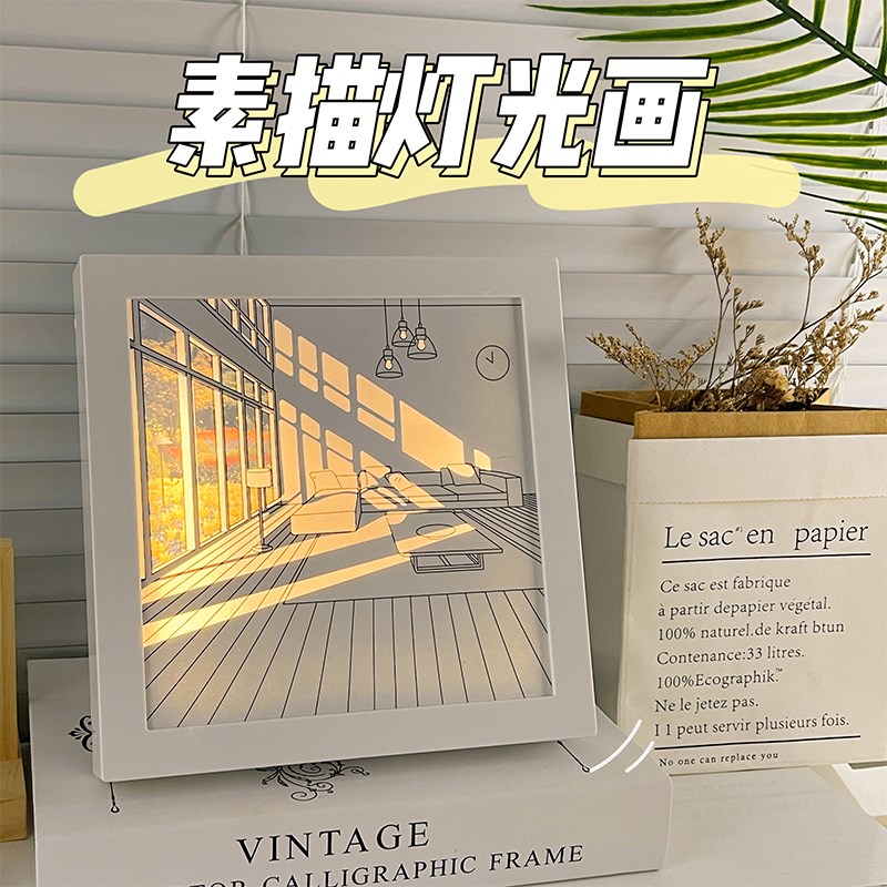 素描灯光画装饰画小夜灯卧室床头灯网红发光画生日礼物送女生圣诞图片