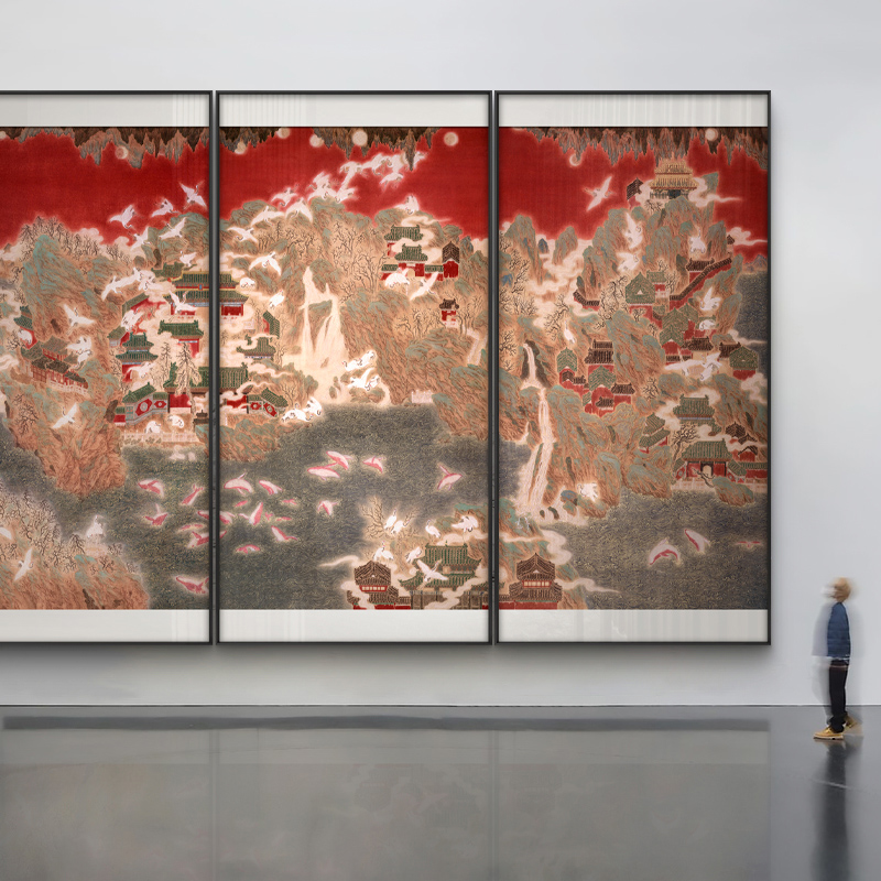 新中式大幅红色山水组合装饰画别墅酒店客厅茶室挂画民宿餐厅壁画图片
