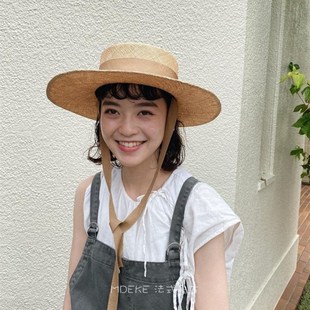 春夏新款 大檐平頂平檐寶草帽法式 系繩度假遮陽旅游帽子女 芳華