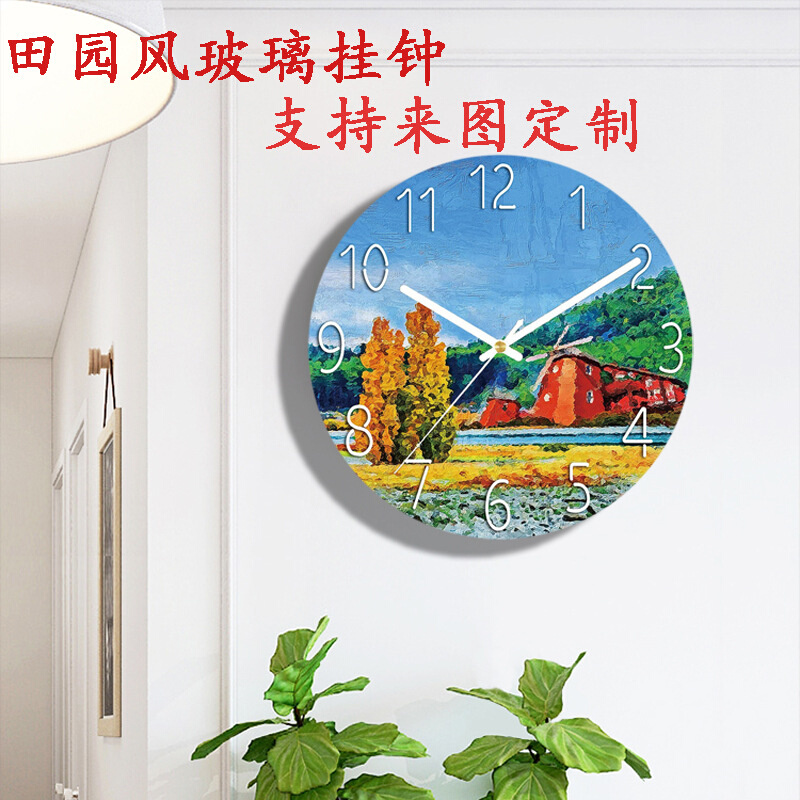 网红田园风玻璃挂钟客厅家用挂表卧室静音时钟创意油画装饰石英钟图片