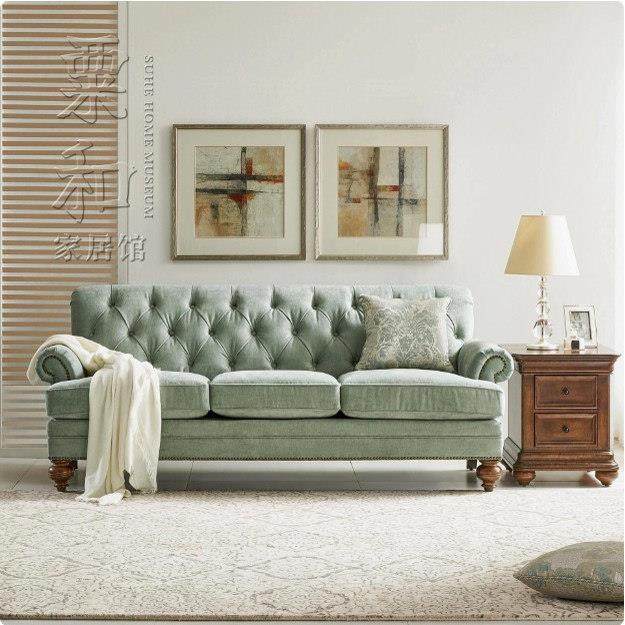美式art马赛晨光三人布艺沙发 欧式新古典清新蓝绿色绒布客厅家具