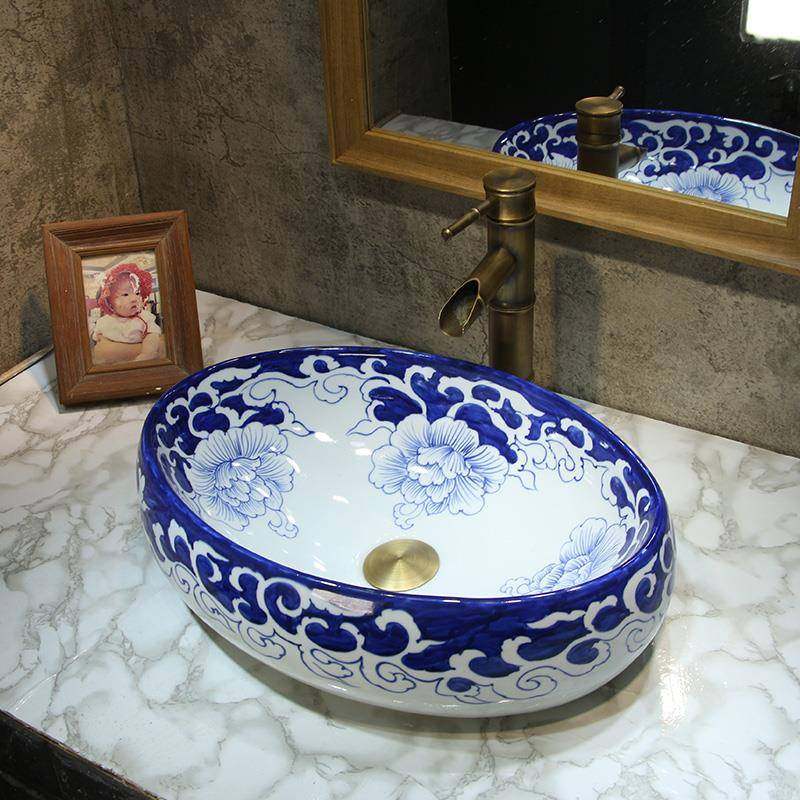 手绘青花瓷陶瓷台上盆元宝大号新中式景德镇青花洗手盆家用洗脸盆