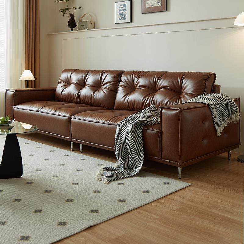 复古真皮沙发油蜡皮小户型意式直排头层牛皮中古风客厅豆腐块沙发