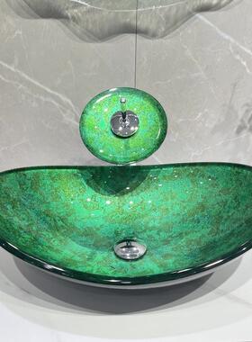 长方形洗脸盆创意造型台上盆简约艺术设计复古绿色钢化玻璃洗手盆