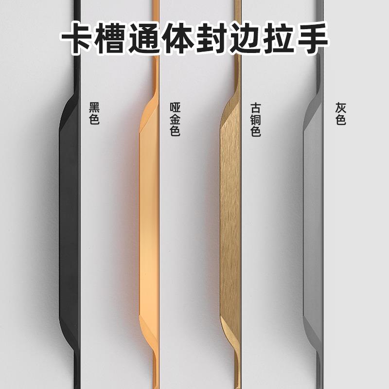 一门到顶通体开槽嵌入式衣柜门橱柜门灰色古铜金极简拇指加长拉手