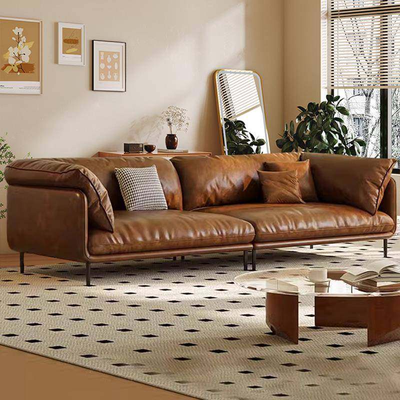 意式覆古怀抱油蜡真皮沙发中古风极简客做旧棕色皮直排小户型沙发