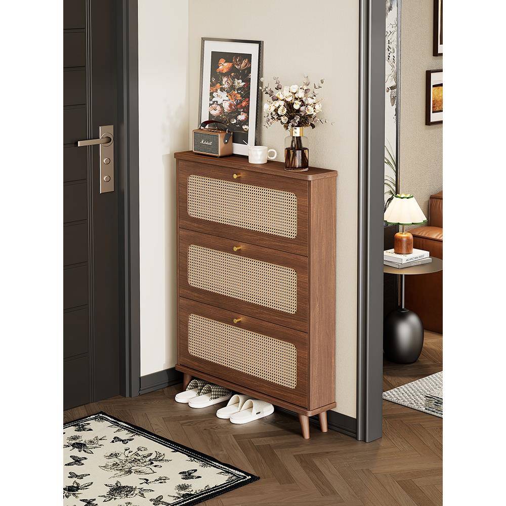 藤编超薄鞋柜家用门口2024新款中古风玄关柜入户胡桃色翻斗窄鞋架