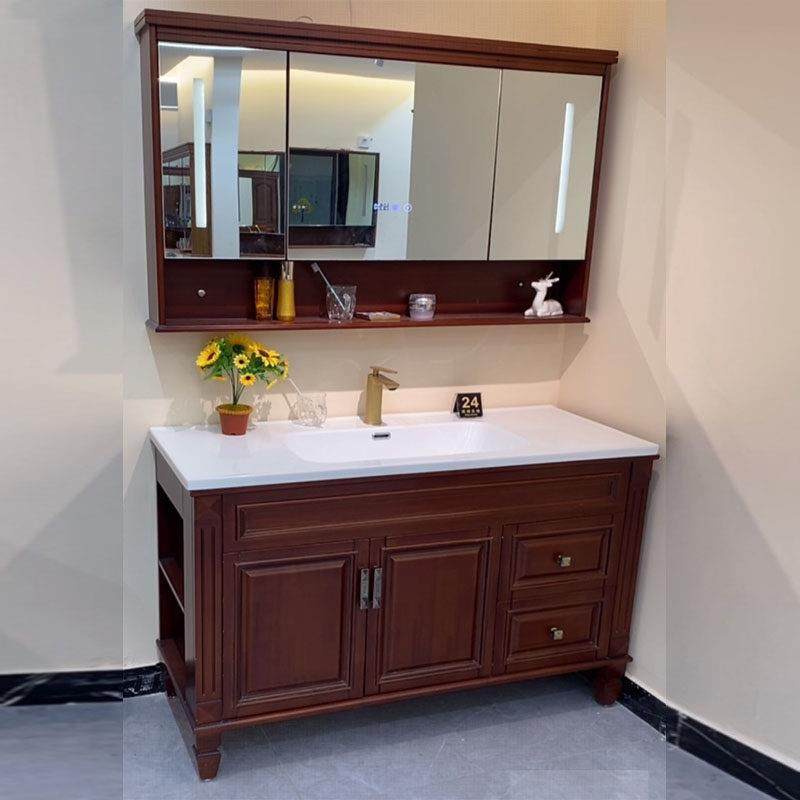 美式橡木浴室柜组合陶瓷一体盆智能镜卫浴柜落地洗漱台洗脸盆定制