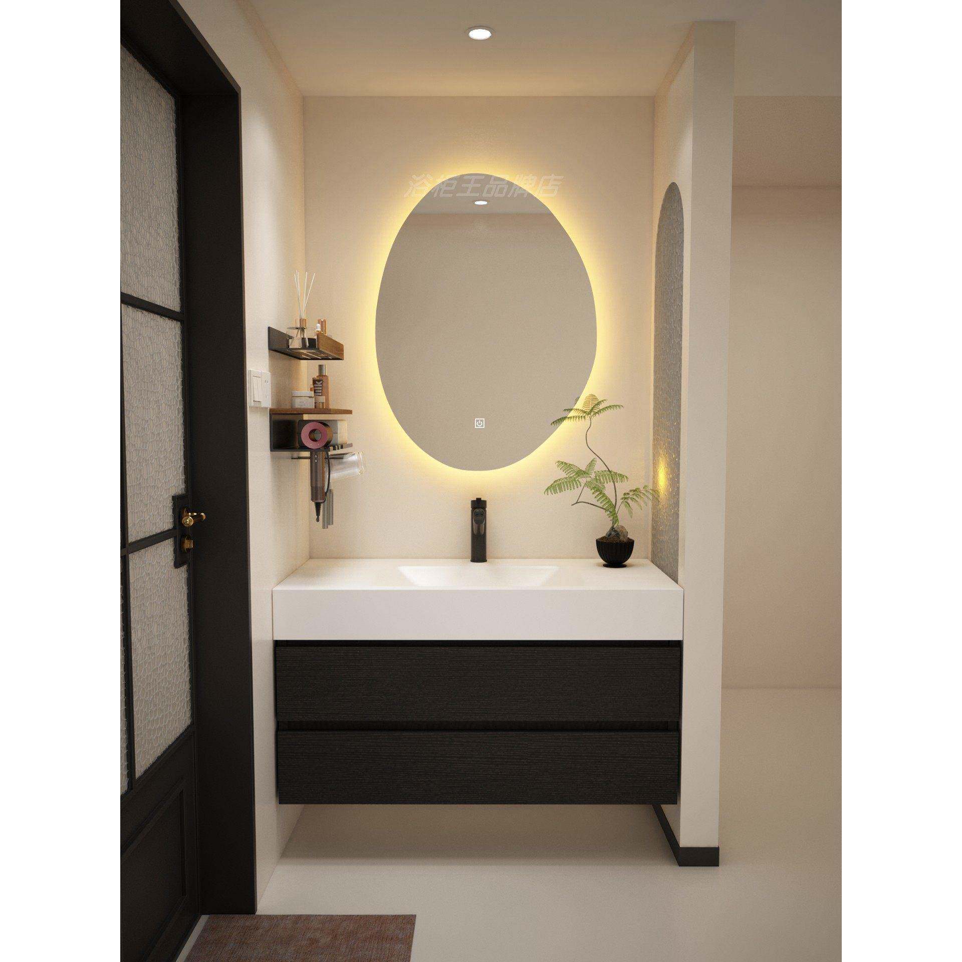 黑色浴室柜组合卫生间洗漱台法式洗手池岩板热弯一体洗脸盆中古风