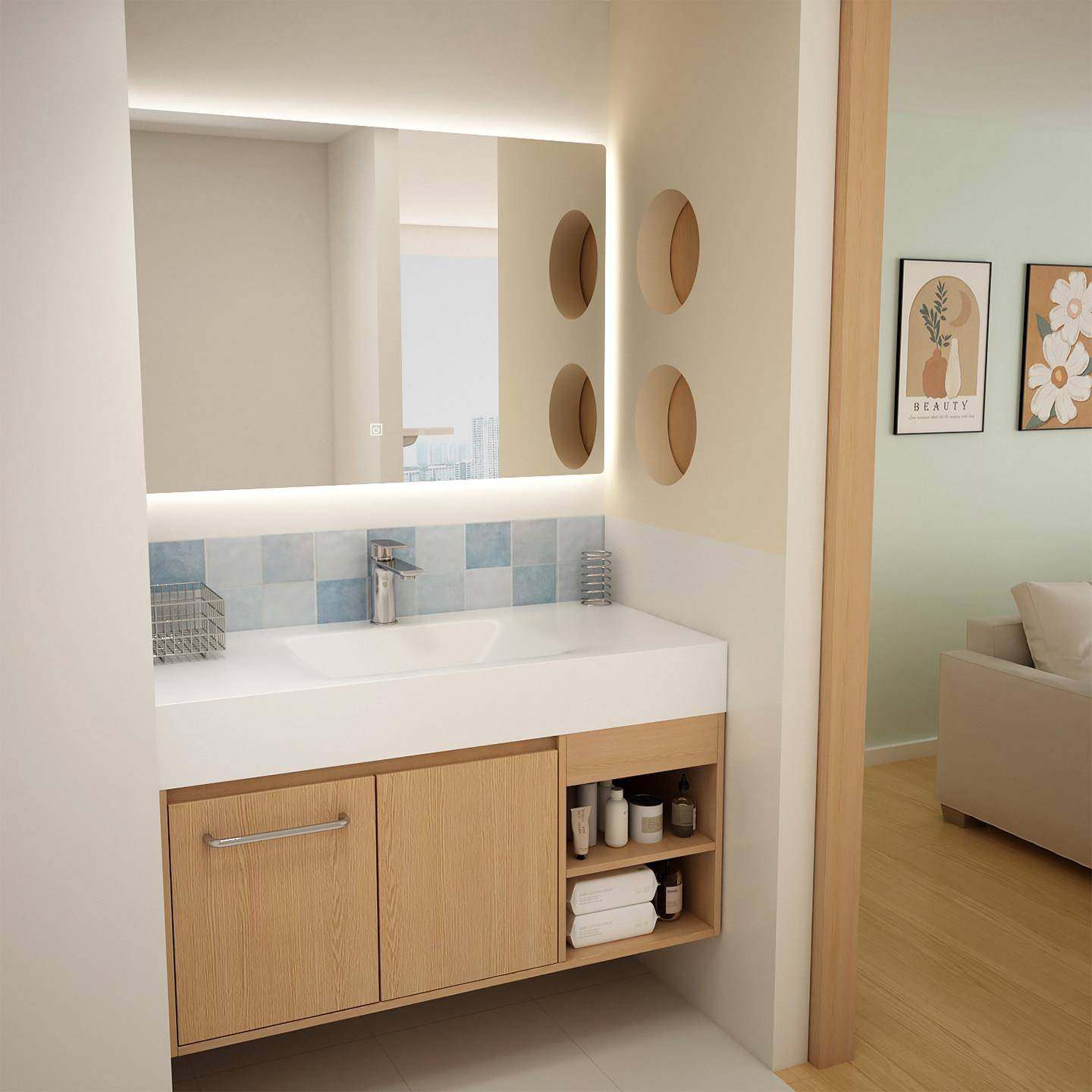 兔宝宝板材浴室柜白橡木色卫生间洗漱台岩板热弯一体盆洗手池新款