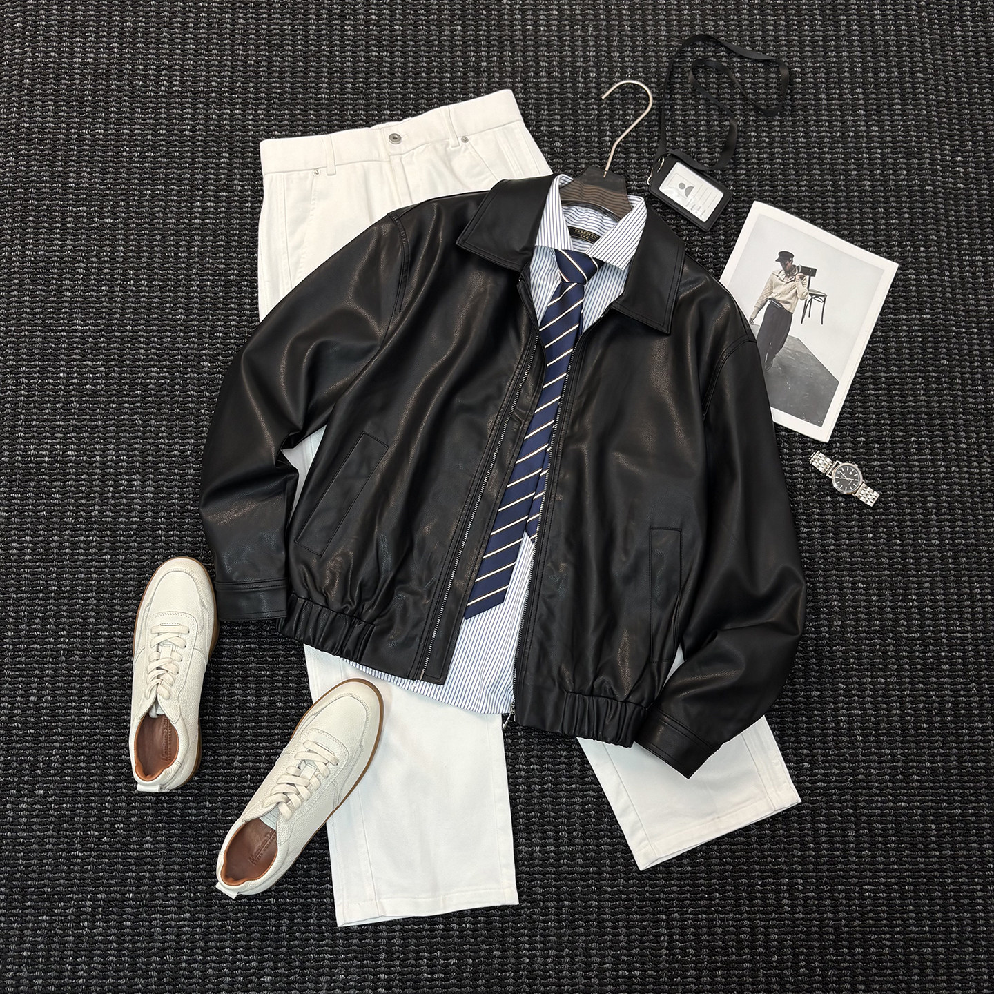 美式休闲痞帅高级感翻领皮衣外套