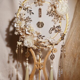 团扇结婚新娘秀禾出嫁喜扇成品金色双面刺绣手工diy材料包婚礼扇