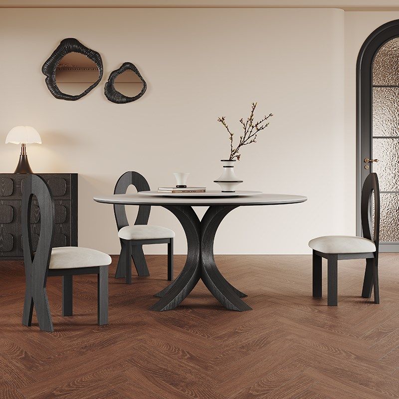 法式复古实木圆桌带转盘1.2米现代简约家用小户型纯白岩板餐桌