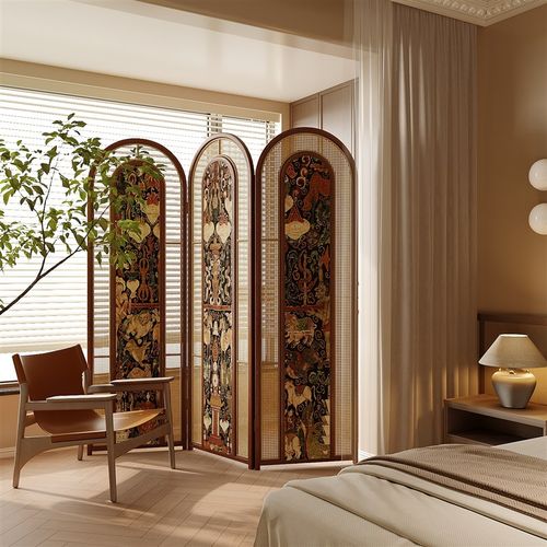 设计师藤编屏风隔断法式客厅入户实木家用小户型酒店餐厅移动折叠