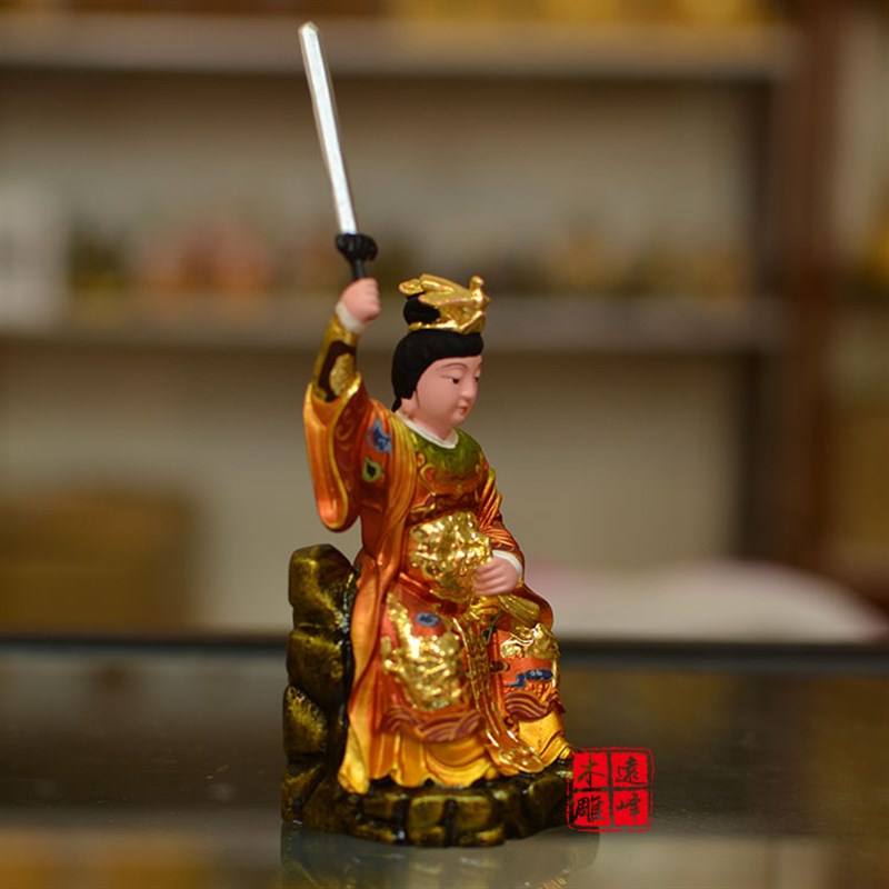 黄杨实木雕刻临水夫人真金彩绘顺天圣母陈靖姑精雕工艺品摆件神像