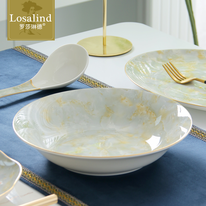 装菜盘子大容量菜盘汤碗深盘大理石纹骨瓷餐具1英寸家用大深汤盘