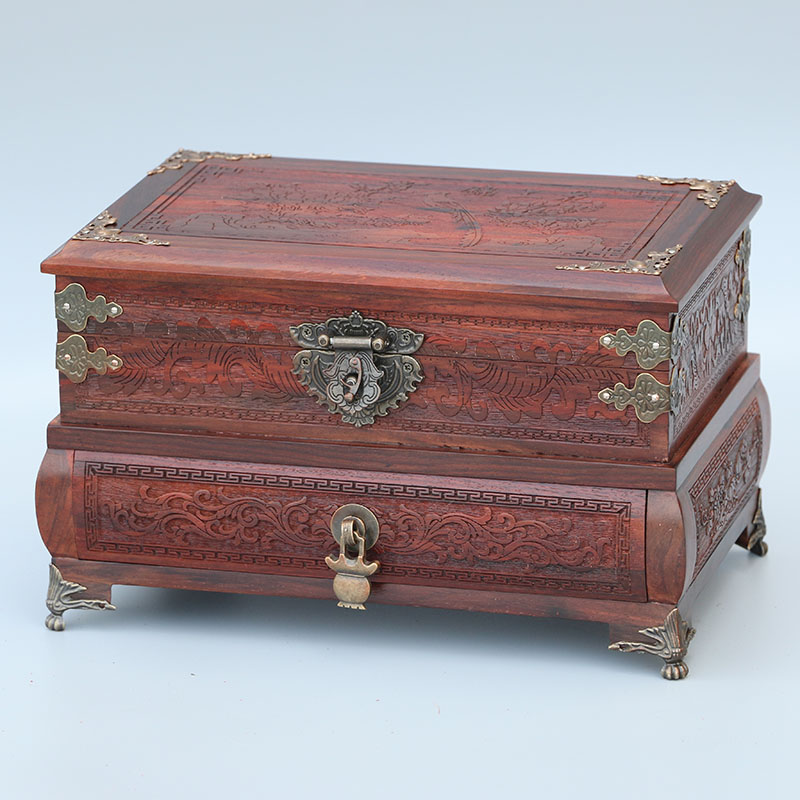 红木首饰盒红酸枝锦上添花实木质珠宝箱梳妆盒仿古带镜锁抽屉礼品